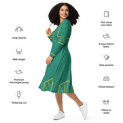 Futuristic Princess Costume (Teal/Torqouise) Long Sleeve Midi Dress