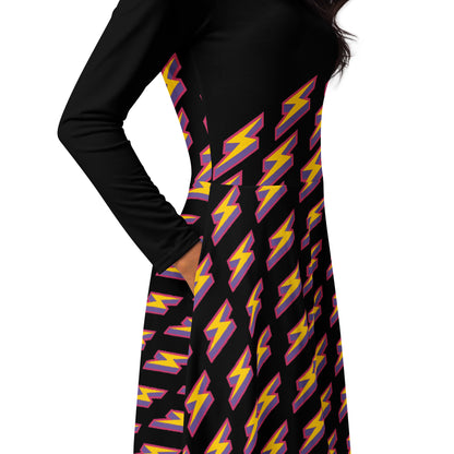 Intergalactic Lightning Bolt (Black) Long Sleeve Midi Dress