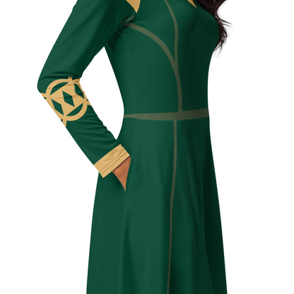 Brave Superhero Princess Costume (Green) Long Sleeve Midi Dress