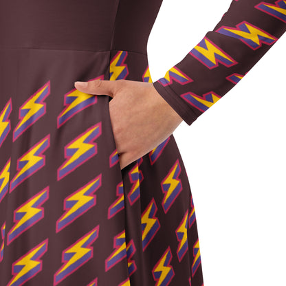 Intergalactic Lightning Bolt (Burgundy) Long Sleeve Midi Dress