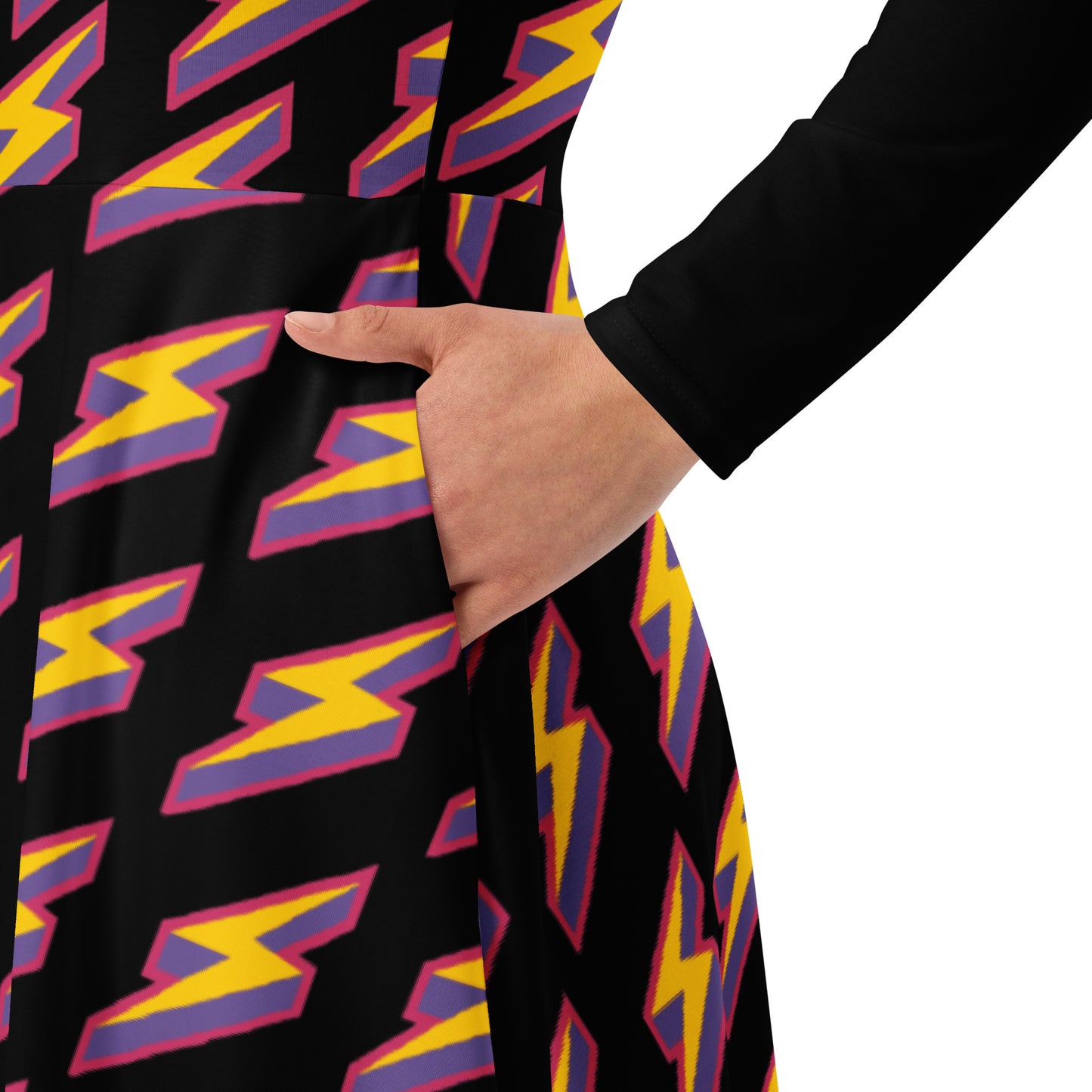 Intergalactic Lightning Bolt (Black) Long Sleeve Midi Dress