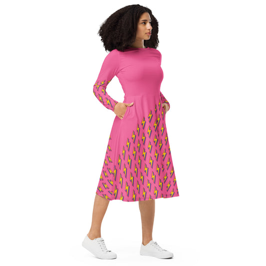 Intergalactic Lightning Bolt (Pink) Long Sleeve Midi Dress