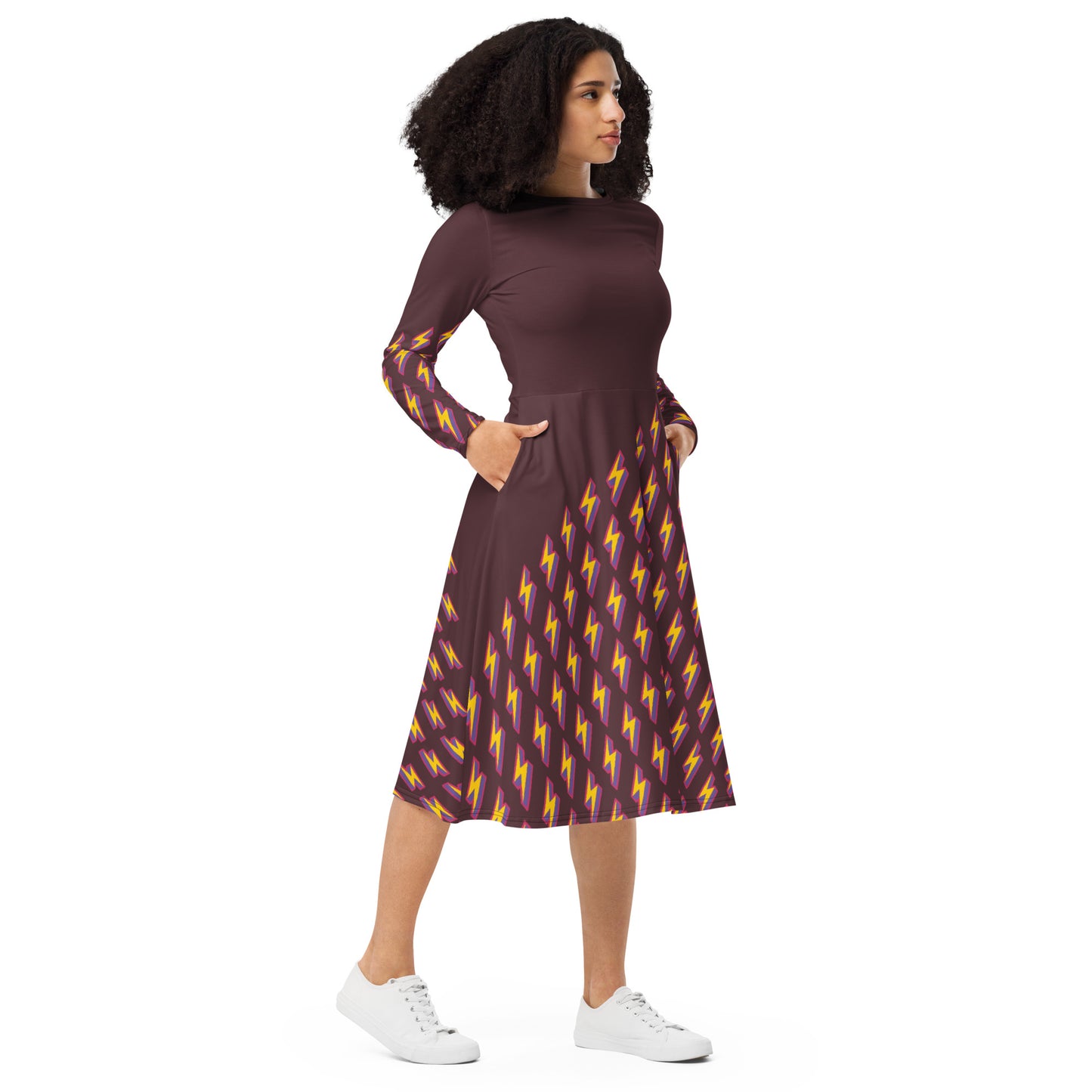 Intergalactic Lightning Bolt (Burgundy) Long Sleeve Midi Dress