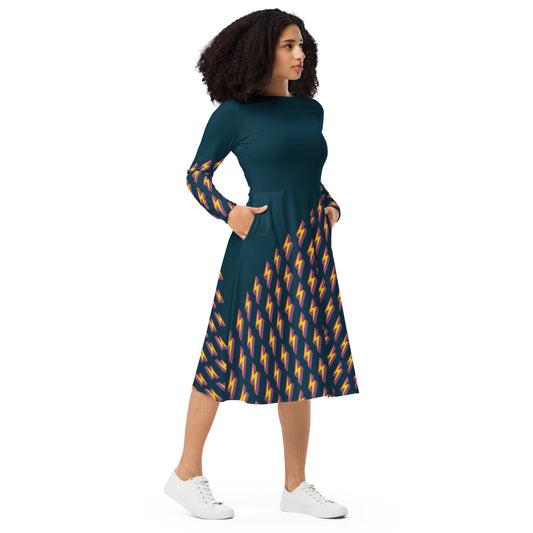 Intergalactic Lightning Bolt (Dark Blue) Long Sleeve Midi Dress