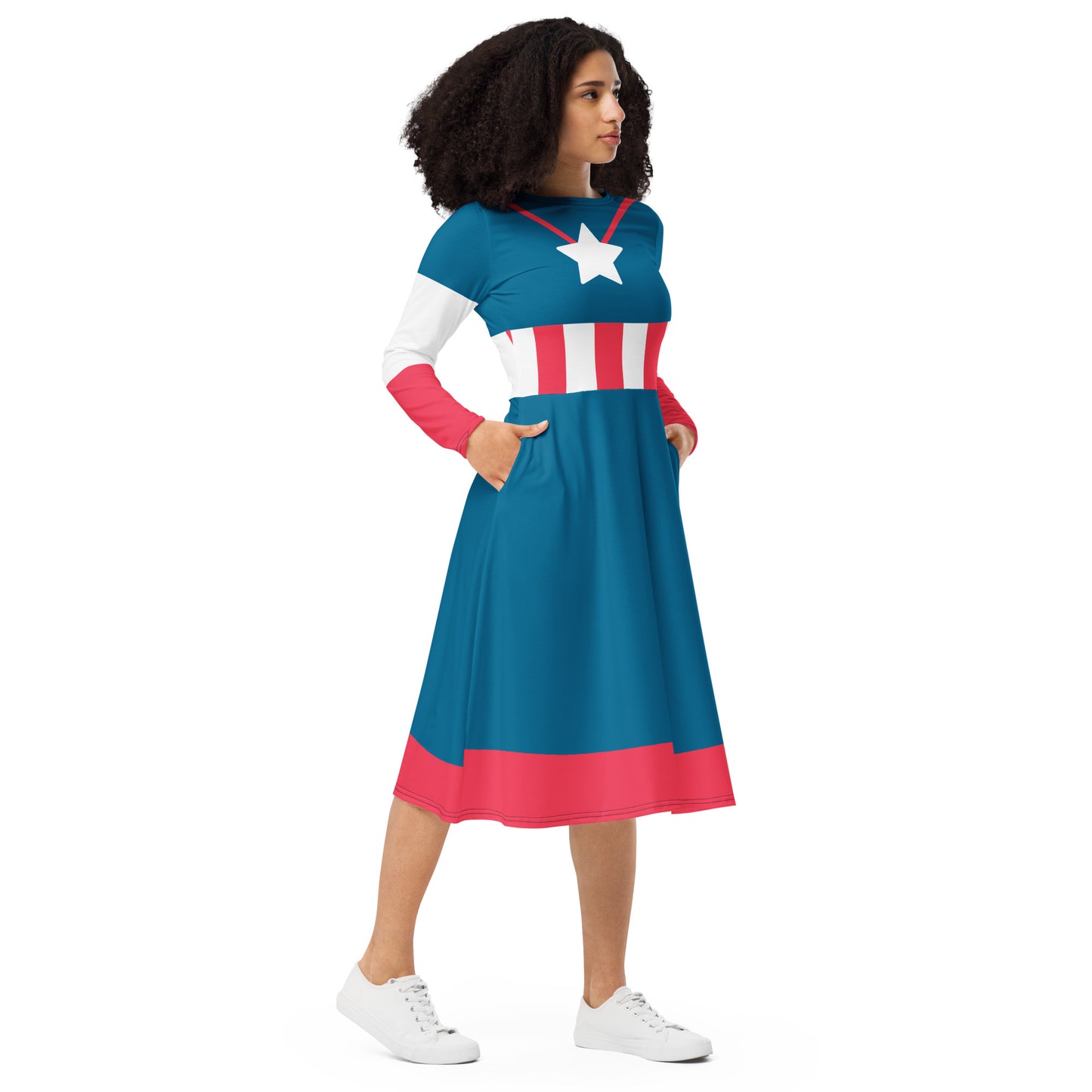 Steve Rogers Costume Long Sleeve Midi Dress