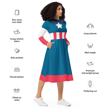 Steve Rogers Costume Long Sleeve Midi Dress