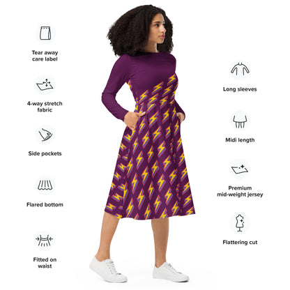 Intergalactic Lightning Bolt (Purple) Long Sleeve Midi Dress