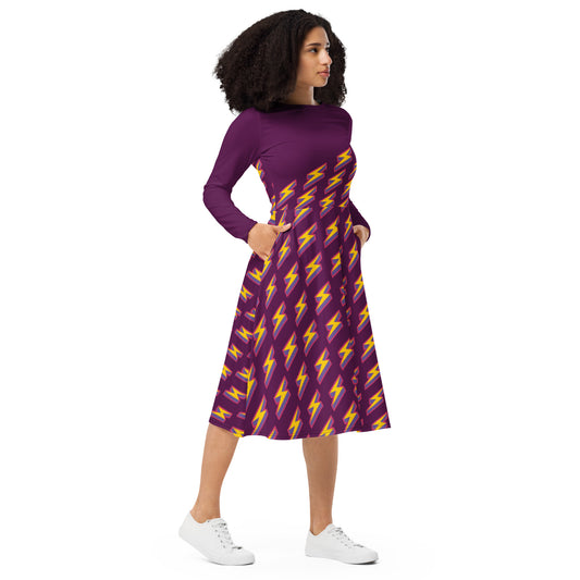 Intergalactic Lightning Bolt (Purple) Long Sleeve Midi Dress