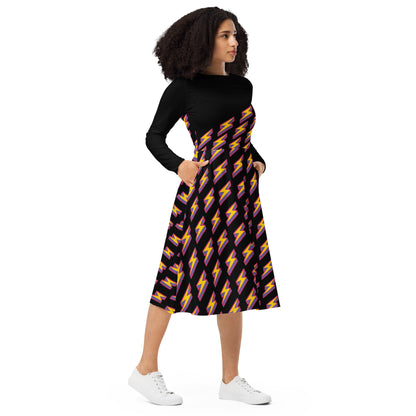 Intergalactic Lightning Bolt (Black) Long Sleeve Midi Dress