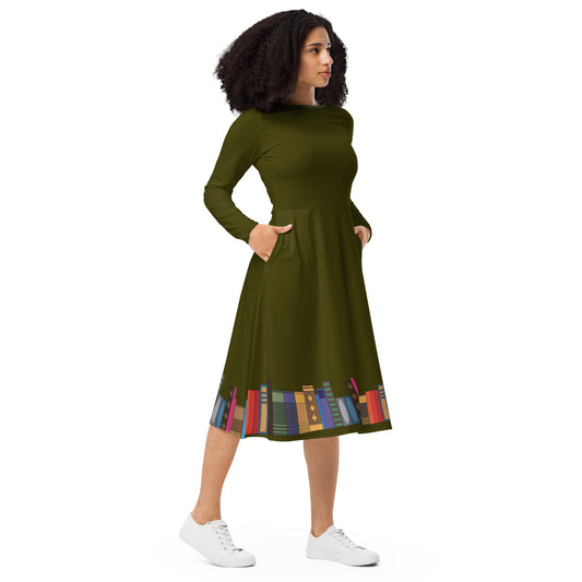 Kamar-Taj Library (Dark Green) Long Sleeve Midi Dress