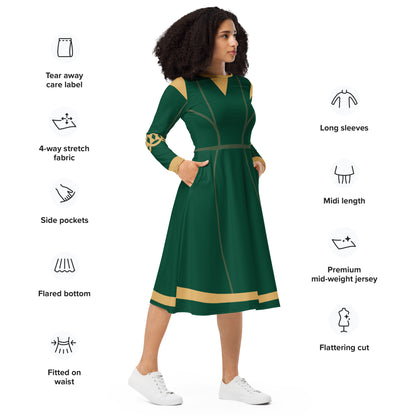 Brave Superhero Princess Costume (Green) Long Sleeve Midi Dress