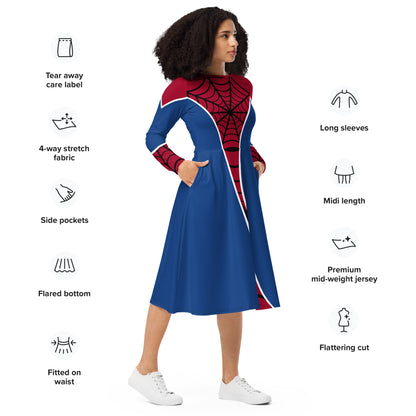 Spider-Man Costume Long Sleeve Midi Dress