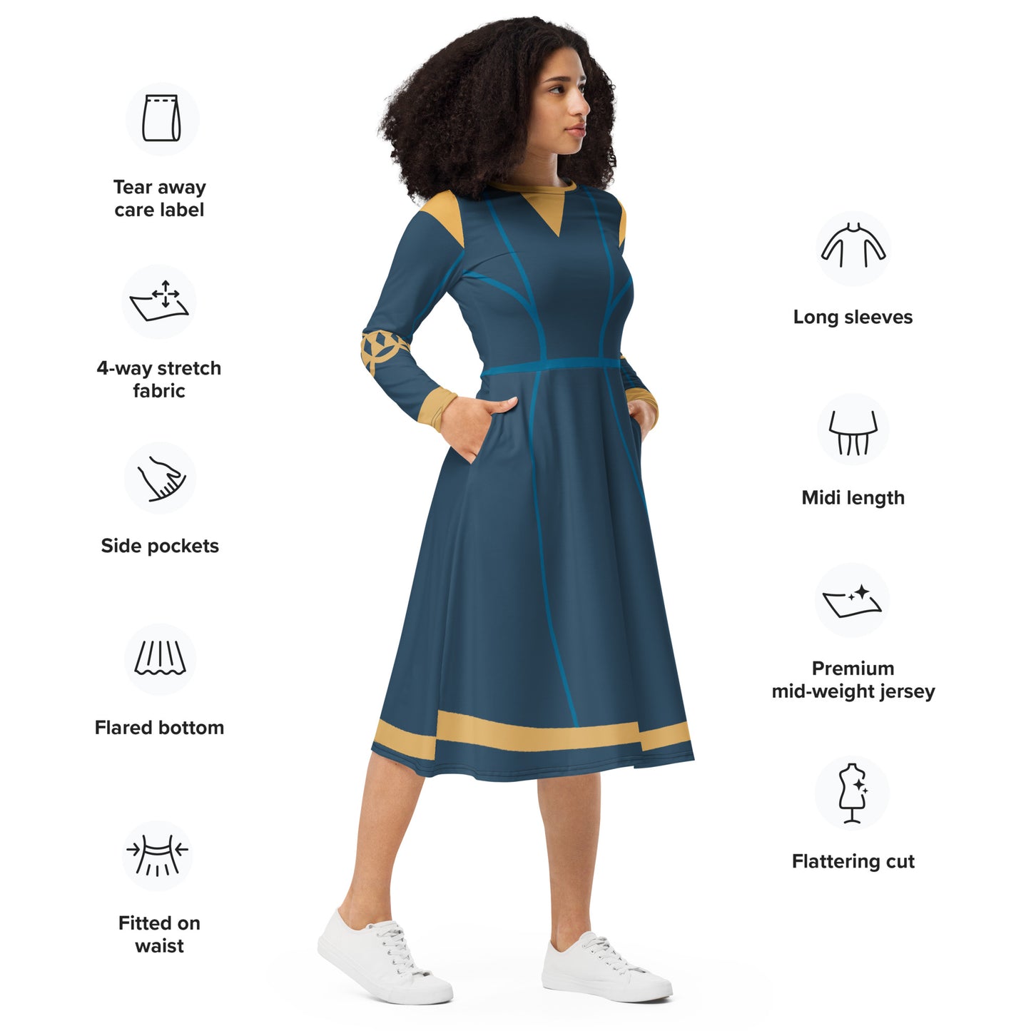 Brave Superhero Princess Costume (Blue) Long Sleeve Midi Dress