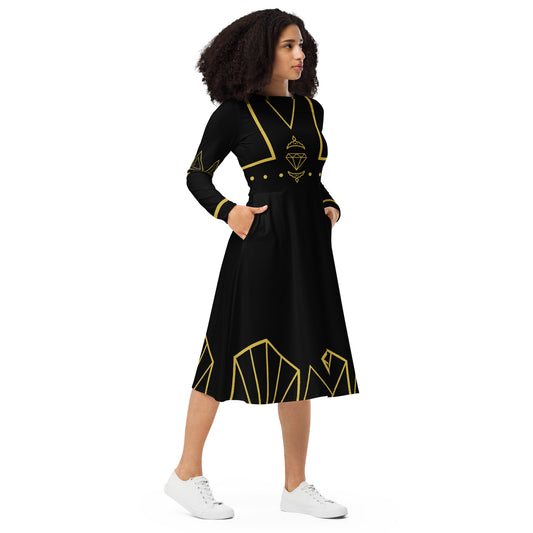 Futuristic Princess Costume (Black) Long Sleeve Midi Dress