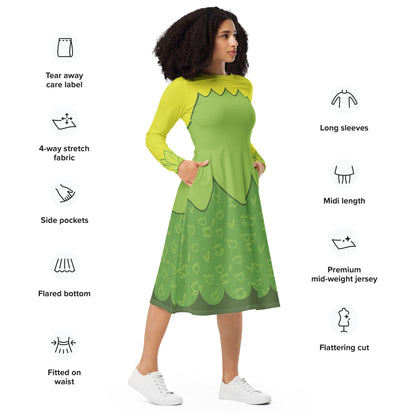 Tiana Frog Princess Costume Long Sleeve Midi Dress