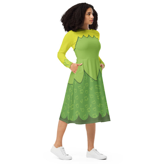 Tiana Frog Princess Costume Long Sleeve Midi Dress