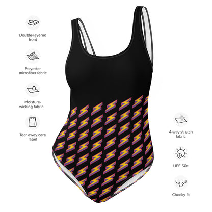 Intergalactic Lightning Bolt One-Piece Swimsuit (Black)