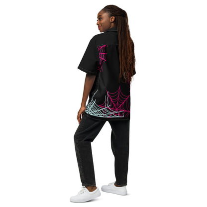 Spider-Gwen Webs (Black) Short Sleeve Button Shirt