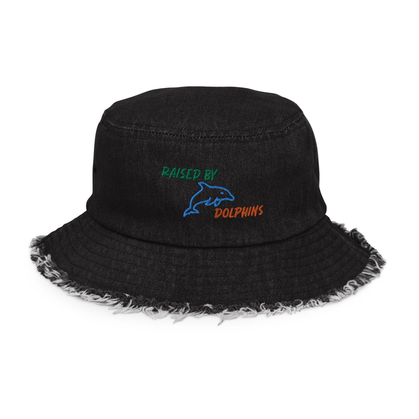 Raised By Dolphins Distressed Denim Embroidered Bucket Hat