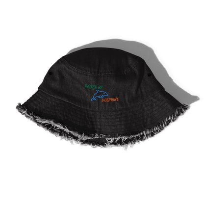 Raised By Dolphins Distressed Denim Embroidered Bucket Hat