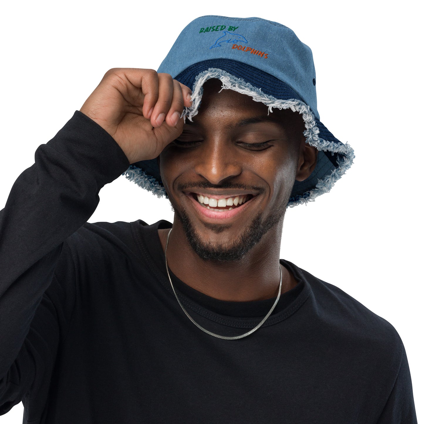 Raised By Dolphins Distressed Denim Embroidered Bucket Hat