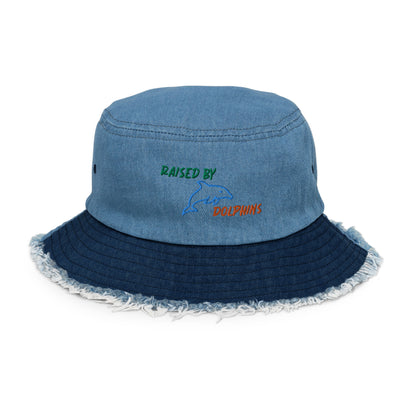 Raised By Dolphins Distressed Denim Embroidered Bucket Hat