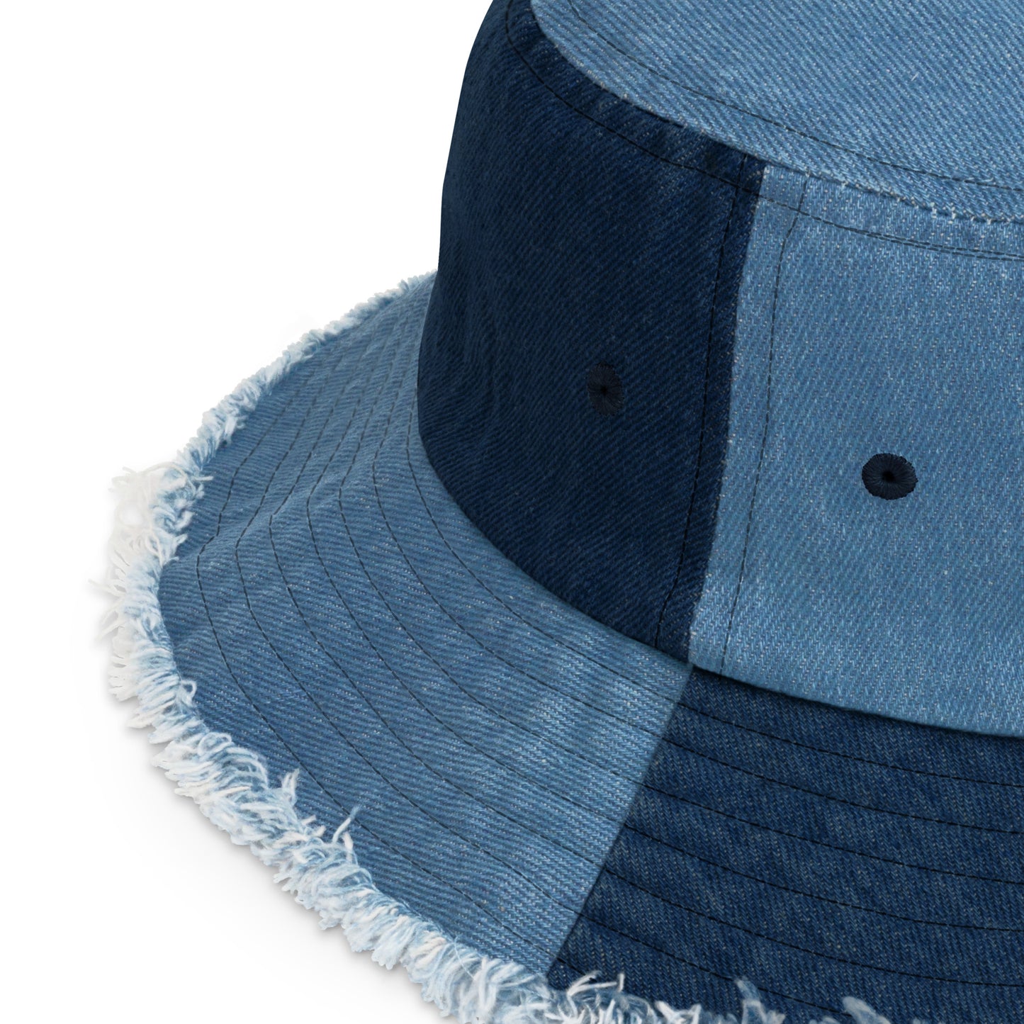 Raised By Dolphins Distressed Denim Embroidered Bucket Hat