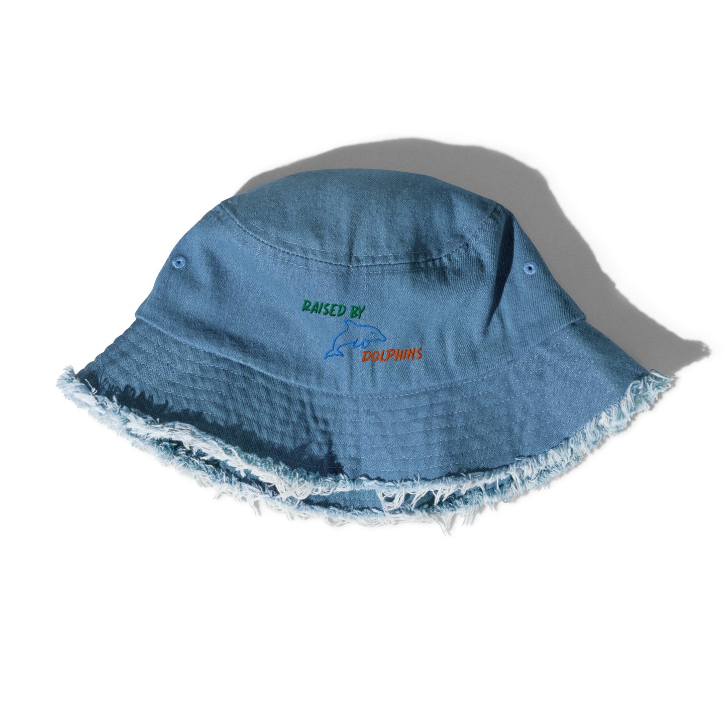 Raised By Dolphins Distressed Denim Embroidered Bucket Hat