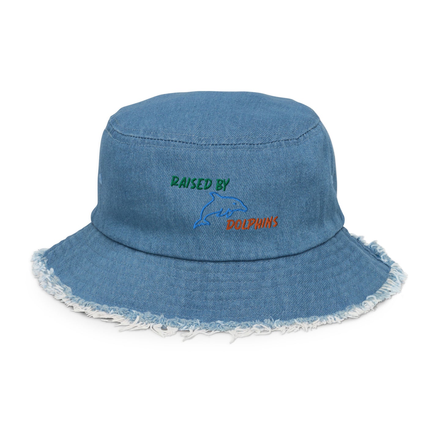 Raised By Dolphins Distressed Denim Embroidered Bucket Hat