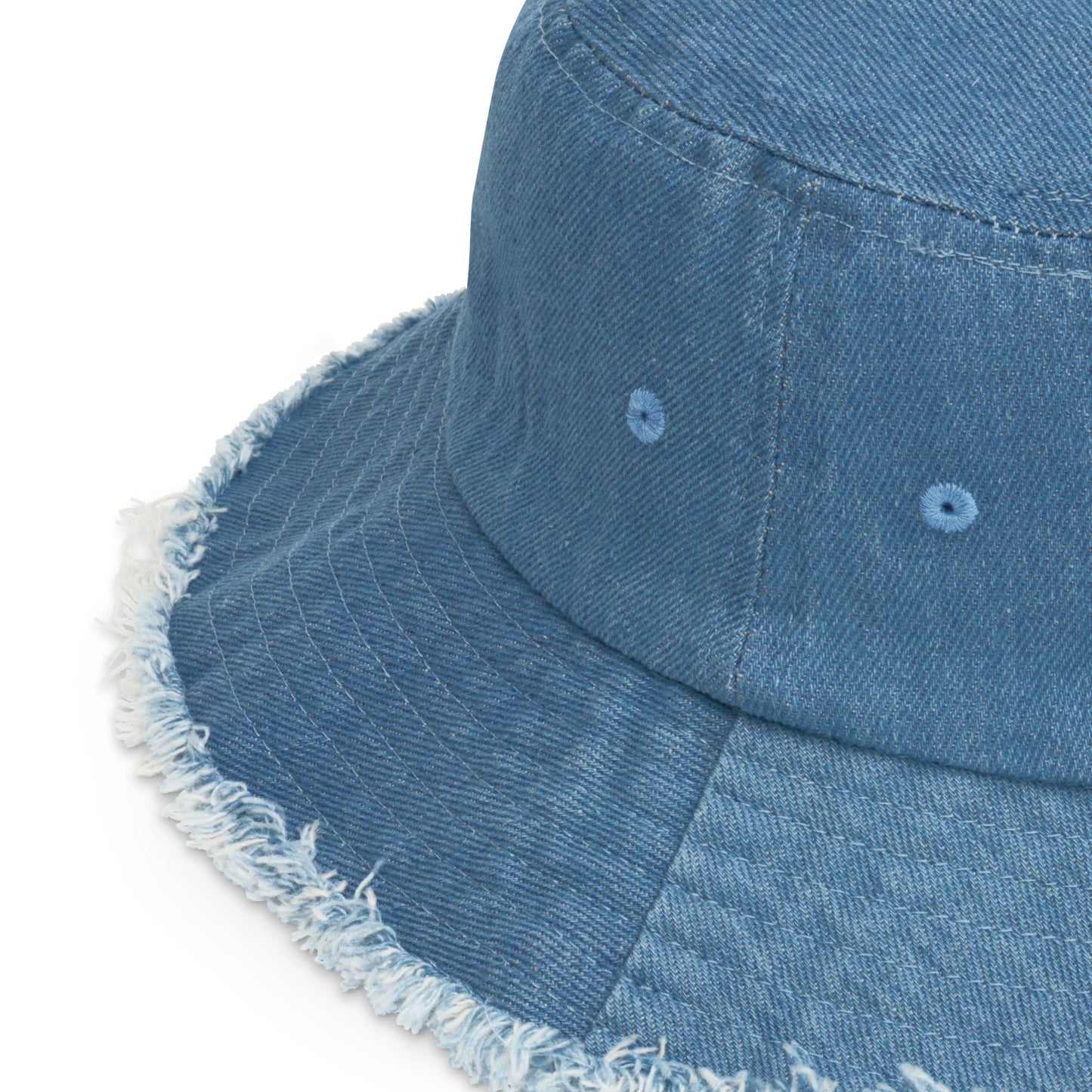 Raised By Dolphins Distressed Denim Embroidered Bucket Hat