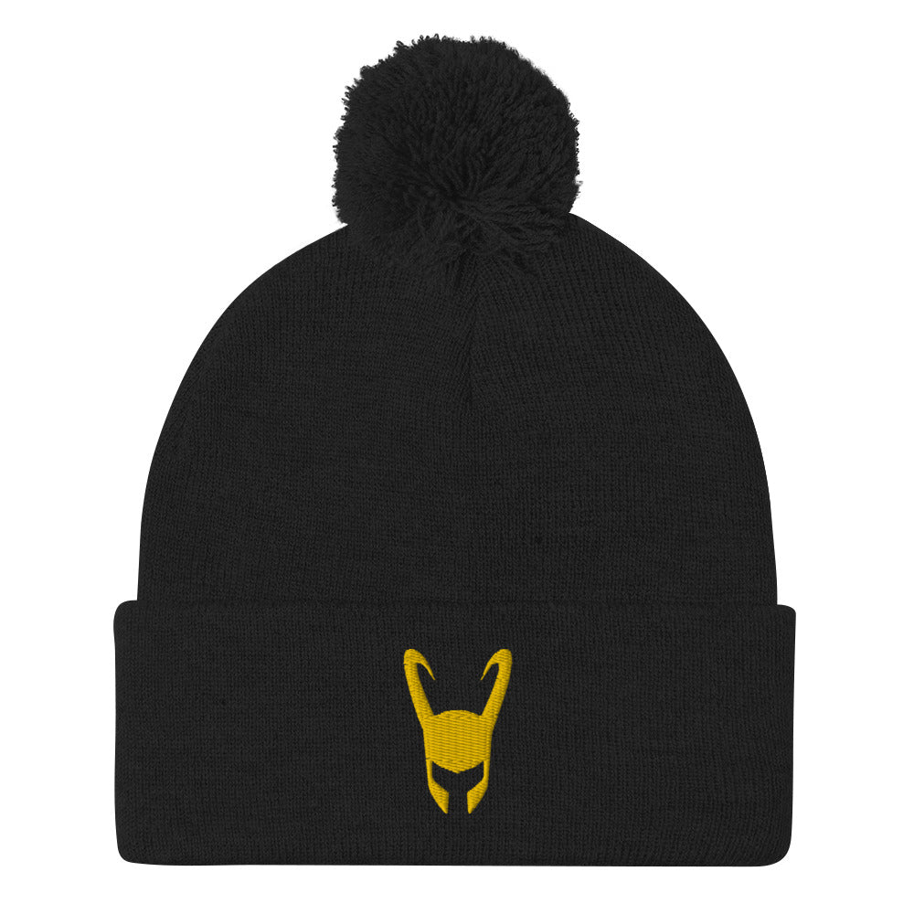 Loki Helmet Embroidered Pom-Pom Beanie