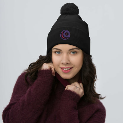 Raven Embroidered Pom-Pom Beanie