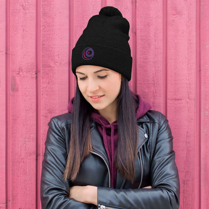 Raven Embroidered Pom-Pom Beanie