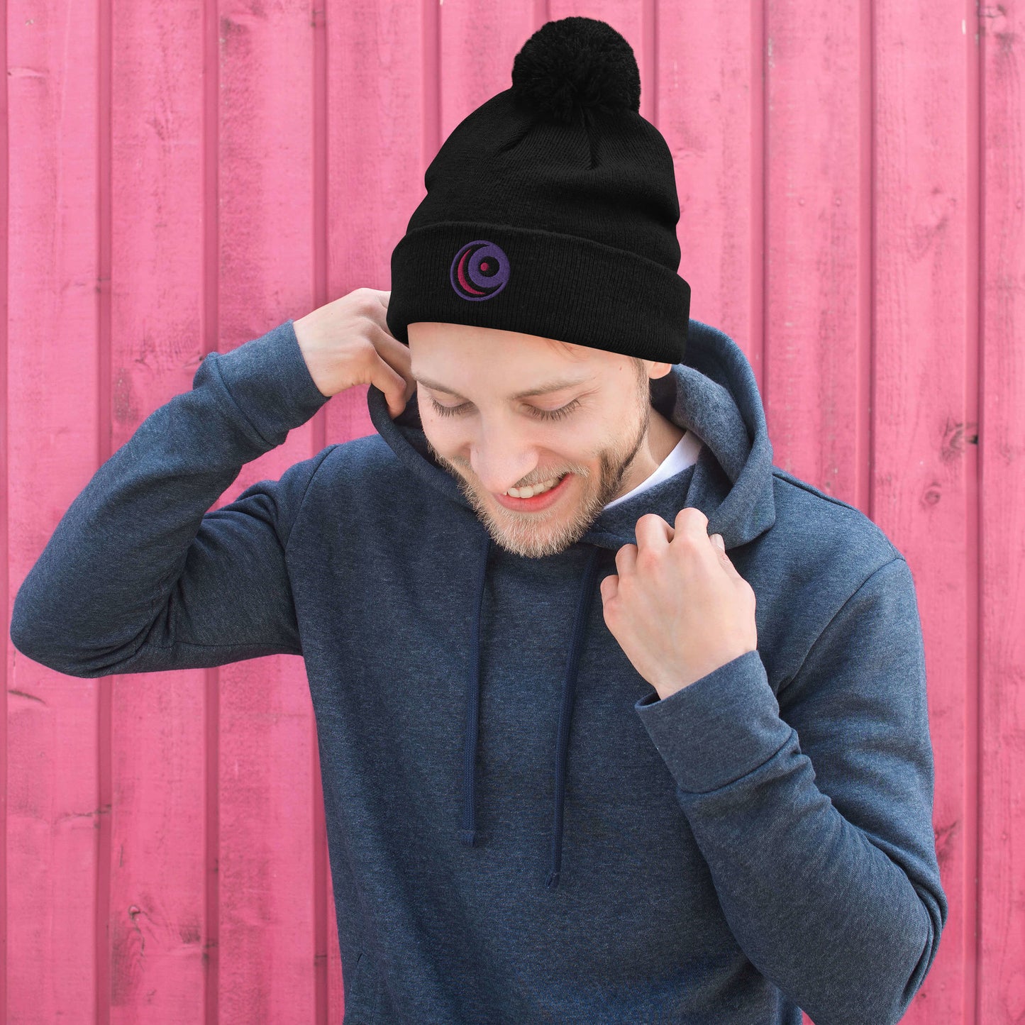 Raven Embroidered Pom-Pom Beanie