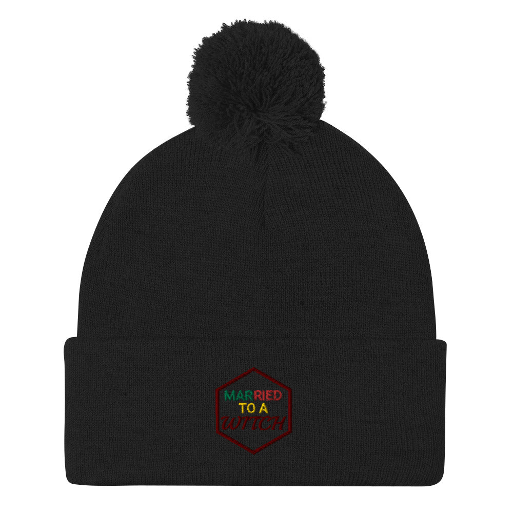 Vision Married to a Witch Hex Embroidered Pom-Pom Beanie