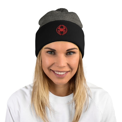 Miles Morales Spray Painted Spider Logo Embroidered Pom-Pom Beanie