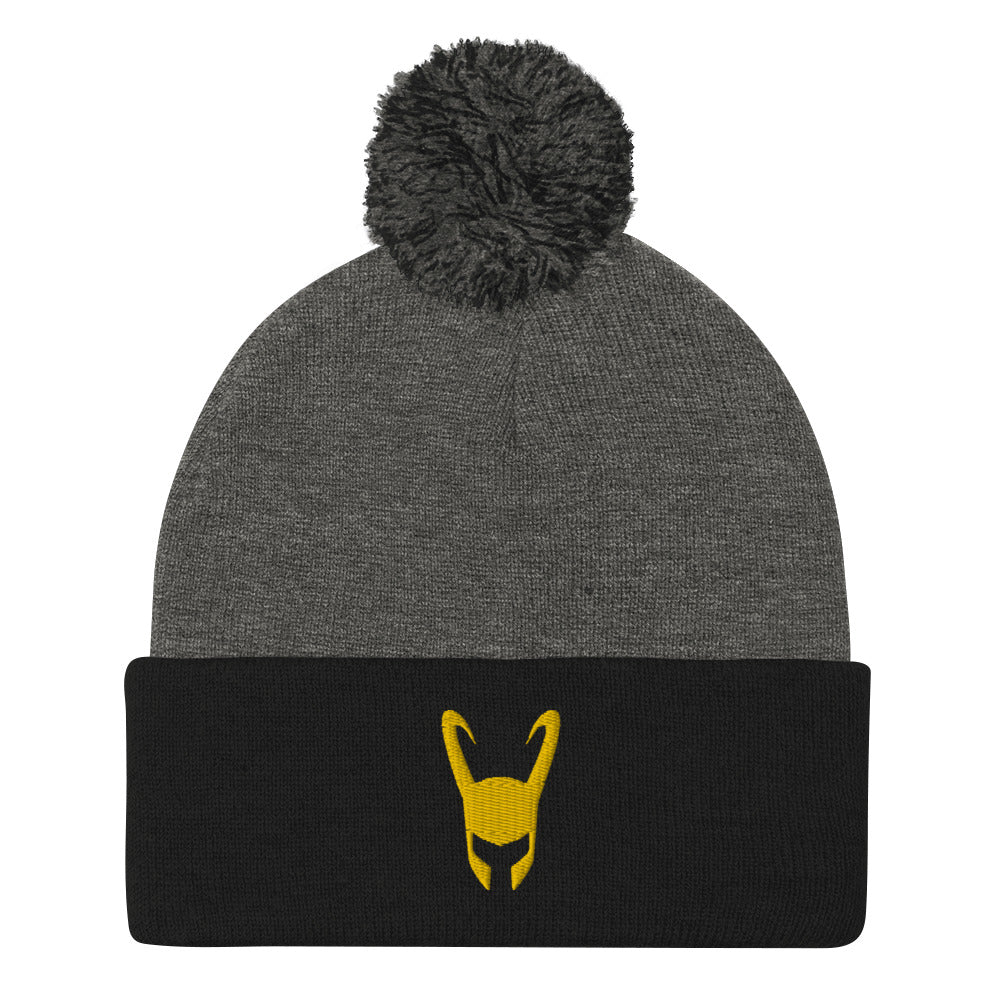 Loki Helmet Embroidered Pom-Pom Beanie