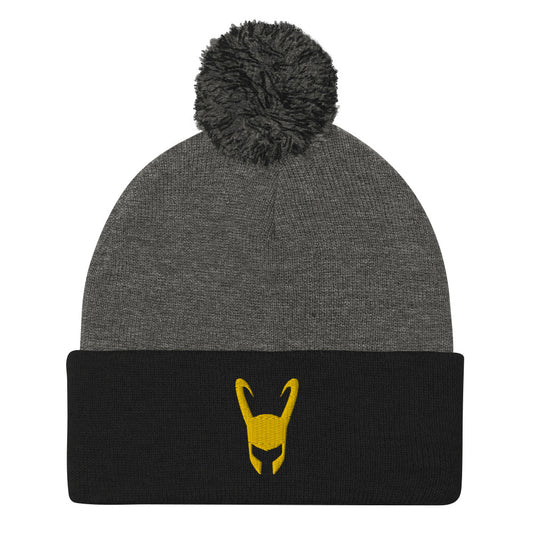 Loki Helmet Embroidered Pom-Pom Beanie