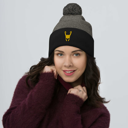 Loki Helmet Embroidered Pom-Pom Beanie