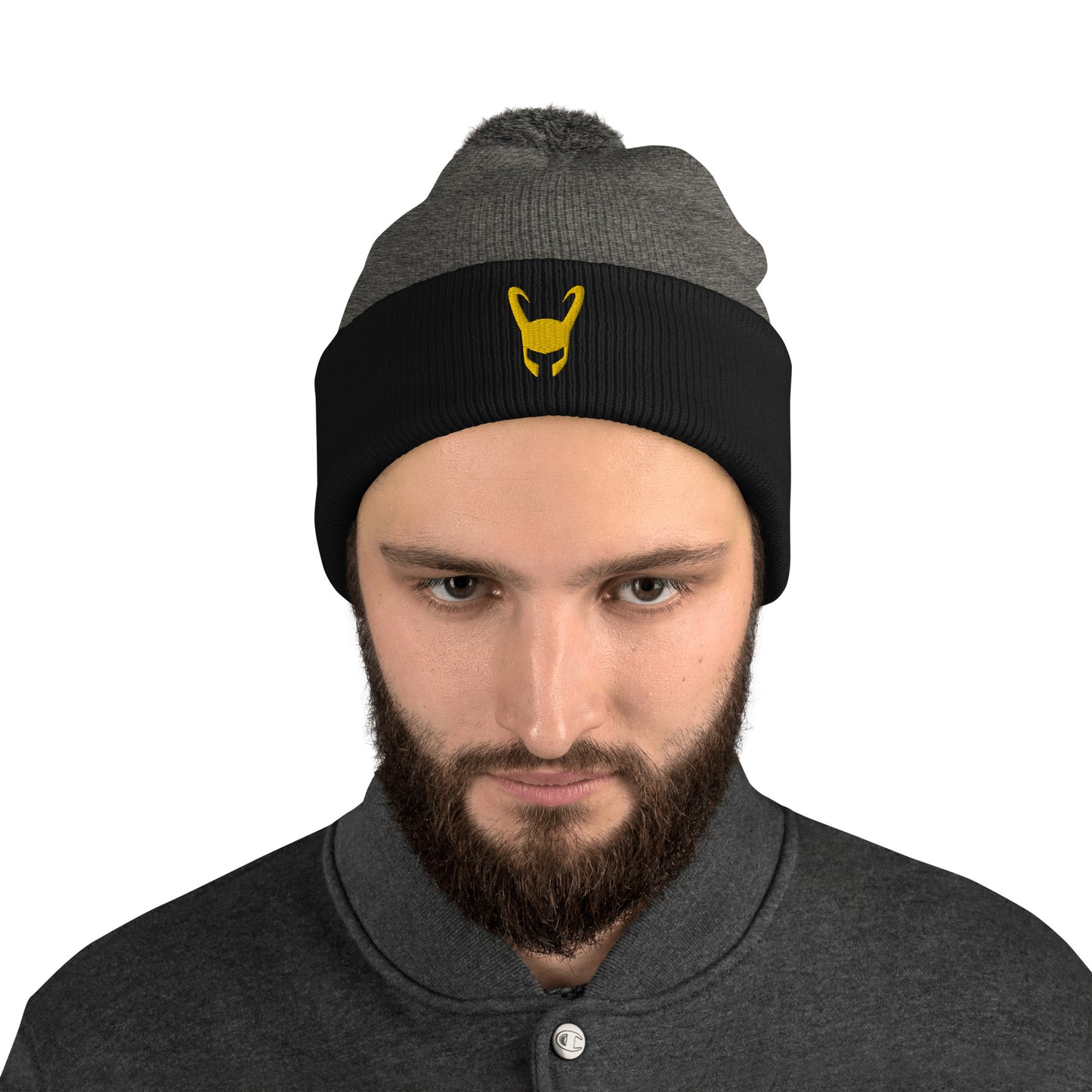 Loki Helmet Embroidered Pom-Pom Beanie