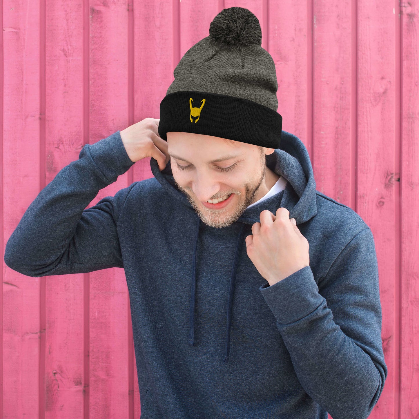 Loki Helmet Embroidered Pom-Pom Beanie