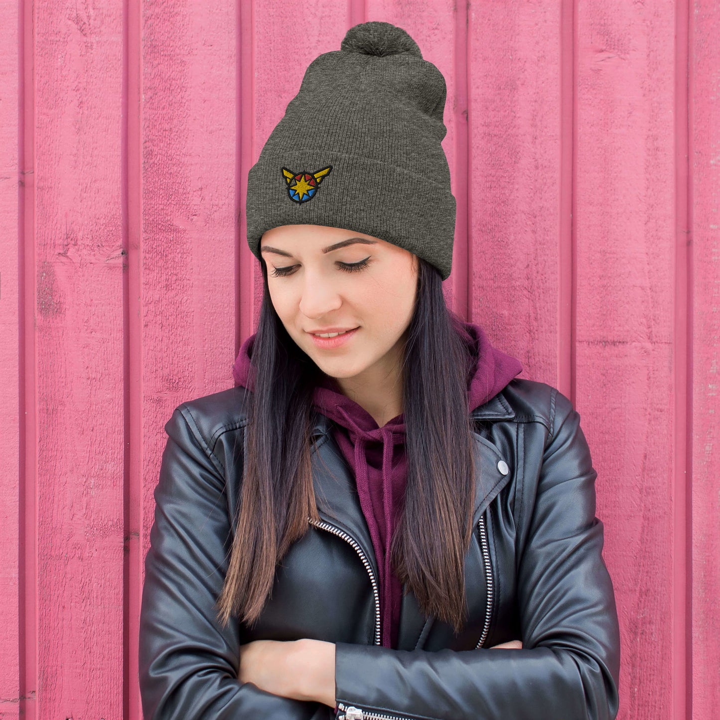 Captain Carol Danvers Embroidered Pom-Pom Beanie