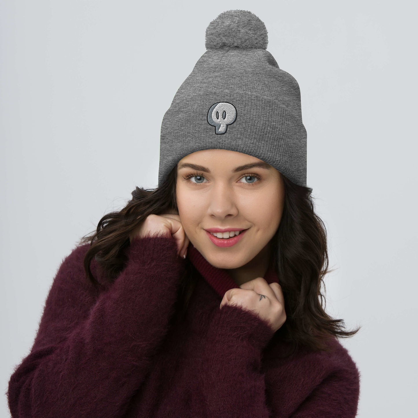 Mystique Skull Embroidered Pom-Pom Beanie