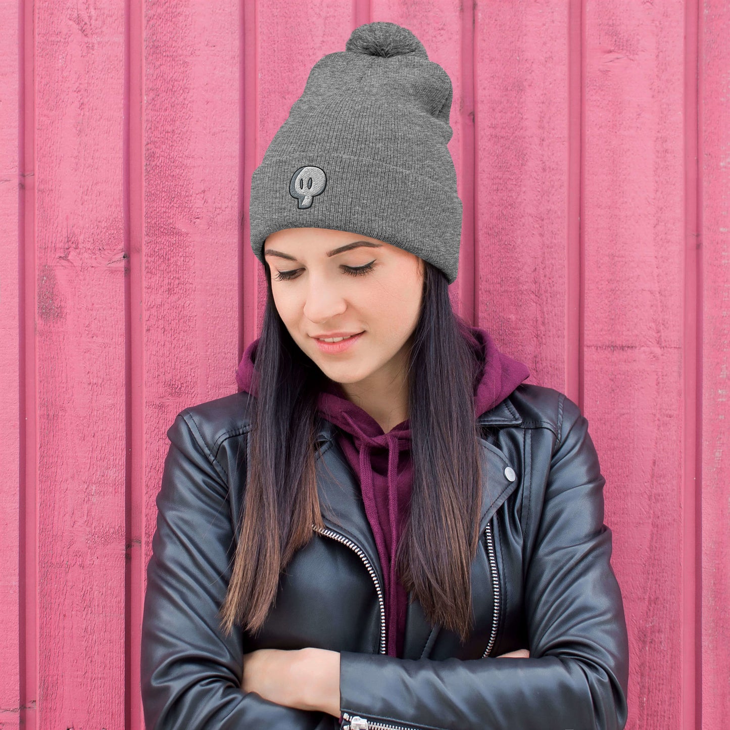 Mystique Skull Embroidered Pom-Pom Beanie