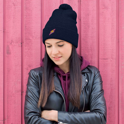 Intergalactic Lightning Bolt Embroidered Pom-Pom Beanie