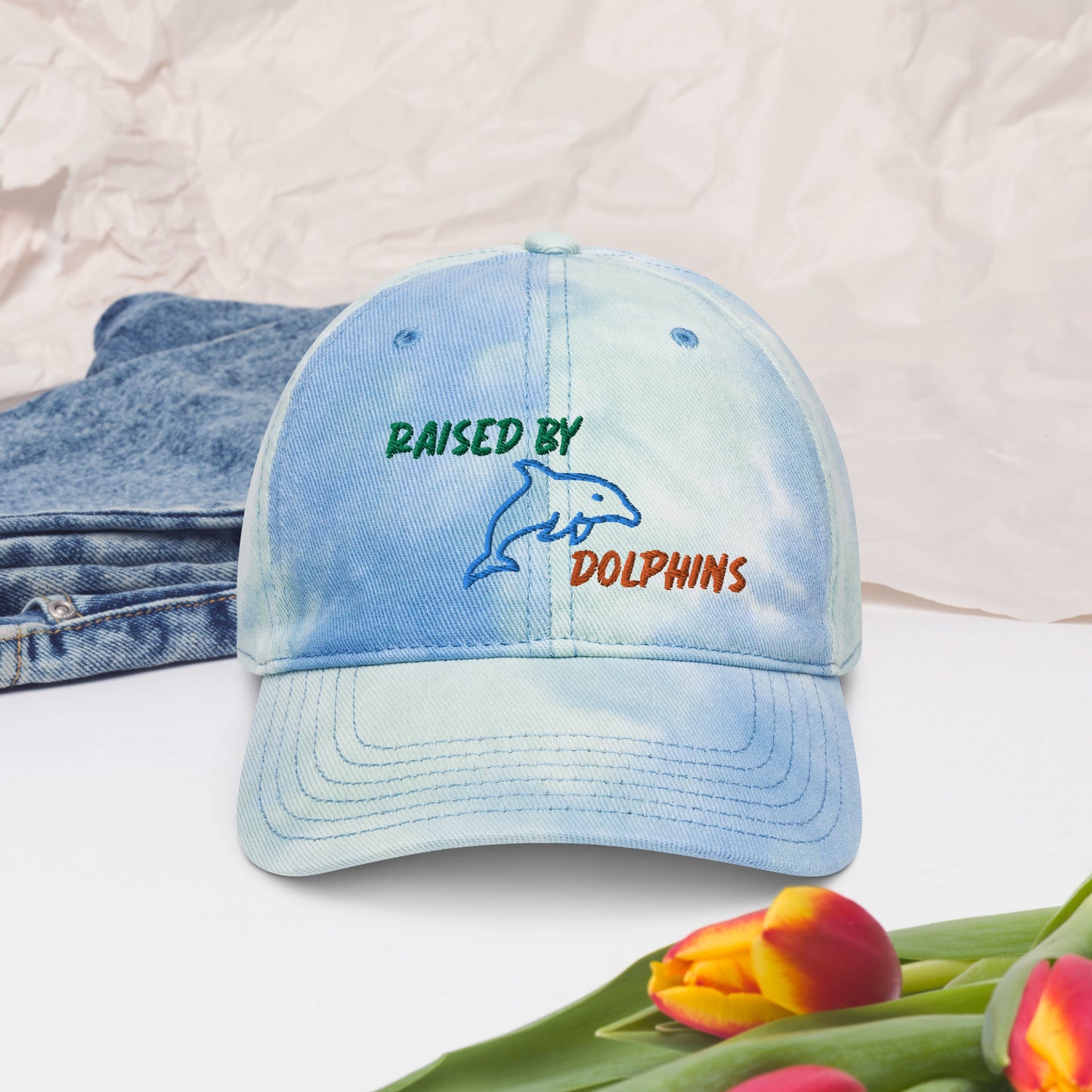 Raised By Dolphins Tie Dye Embroidered Hat